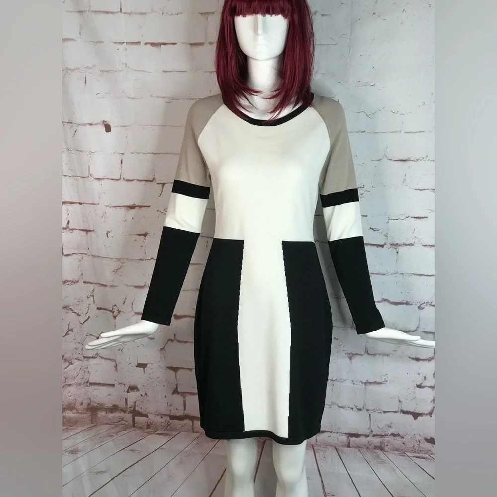 CALVIN KLEIN M Petite Colorblock Knit Long Sleeve Dress Black Taupe Cream MP - Picture 5 of 15